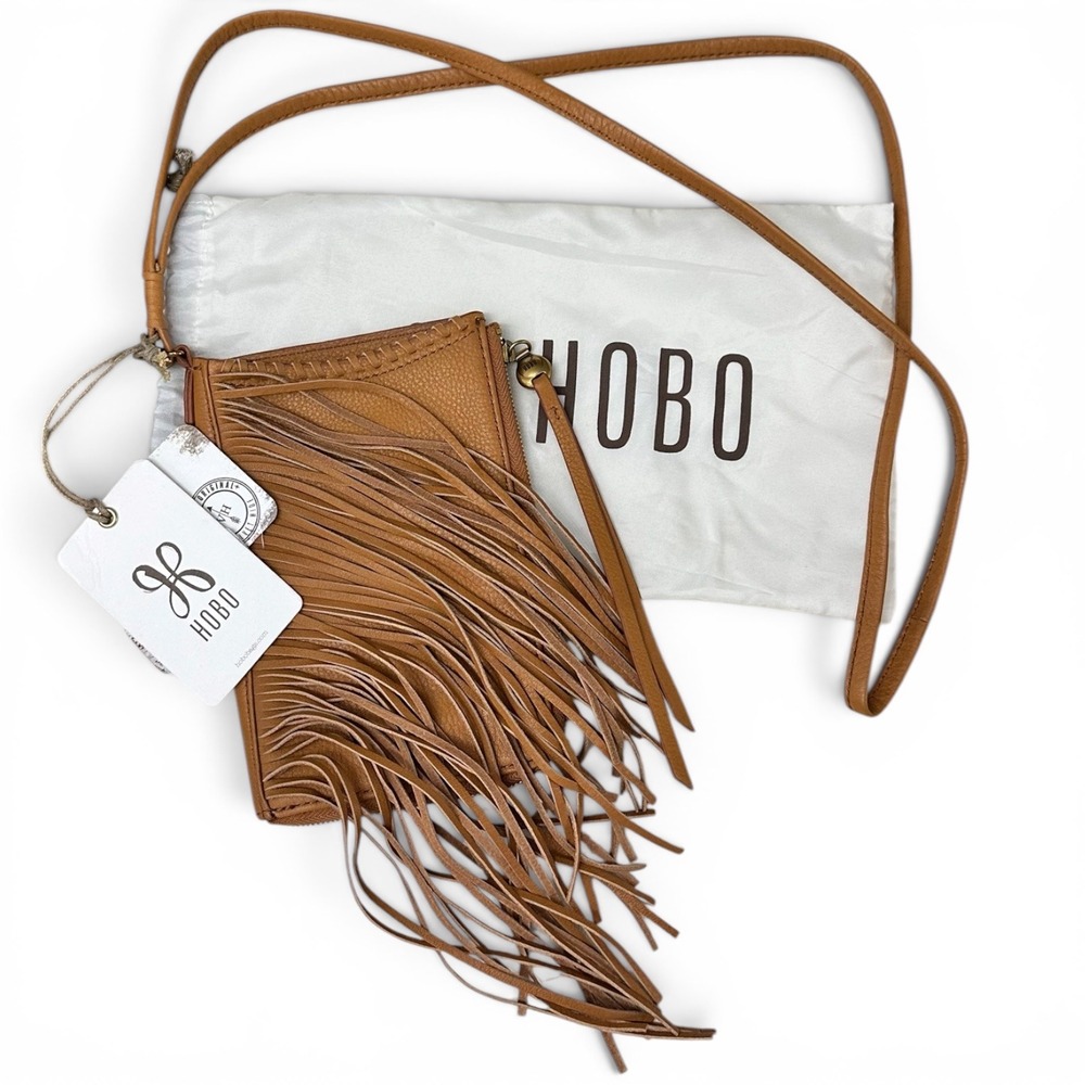 Hobo Moxie Crossbody Bag Whiskey Pebble Leather Fringe Phone Holder NWT